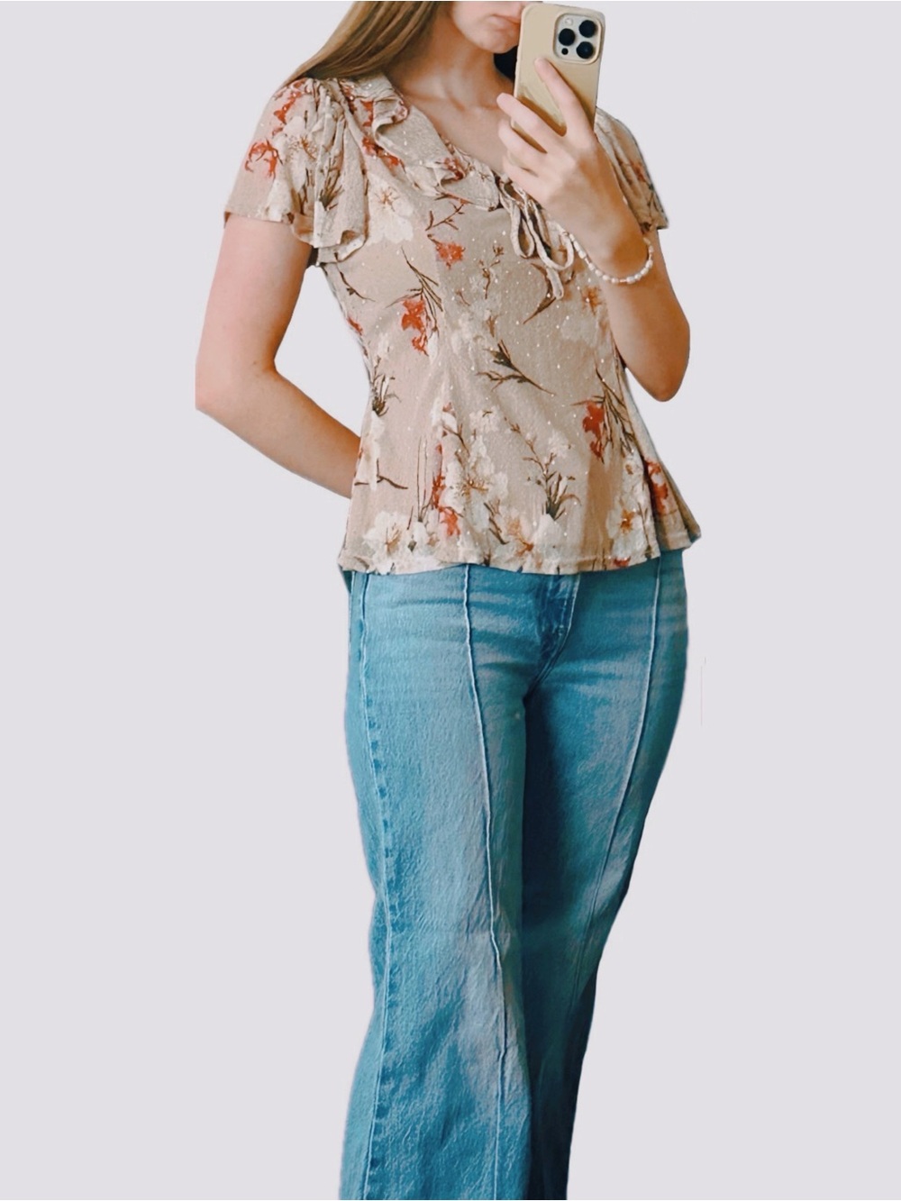 Pink Y2K Ember floral blouse with silver rhindstones and flutter sleeves
